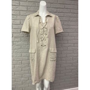 Chico’s Women Casual Short Sleeve Beige Linen Lace-Up Dress Size 0.5